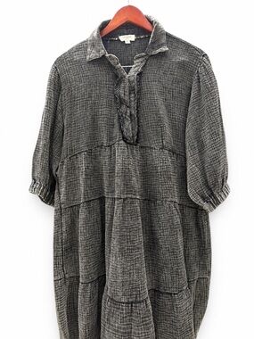 Umgee Charcoal Gray Tiered Lace-Up Gauze Midi Dress